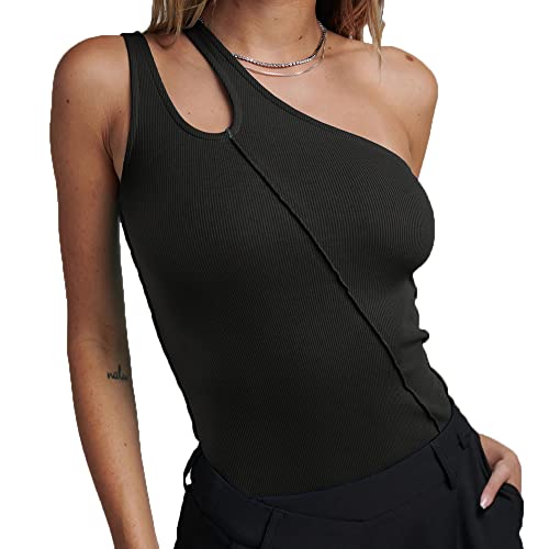 BKEPDY Damen Body Bodysuit Sexy Bodys Off Shoulder Bodysuit One Shoulder Body Sexy Unterziehbody Ärmellos Body Elegant Bodies Sommer Oberteil (Schwarz M) von BKEPDY