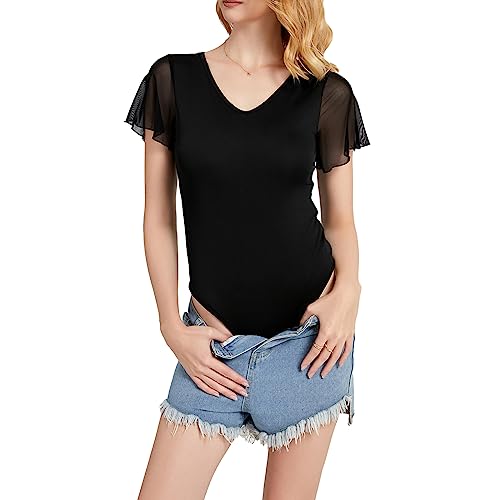 BKEPDY Damen Body Elegent Sexy Damenbody Kurzarm Sheer Meshärmel Bodysuit mit Eckigem Ausschnitt Unterzieh-Body Tank Top Jumpsuit Oberteil Sommer Overall Bluse Tops von BKEPDY