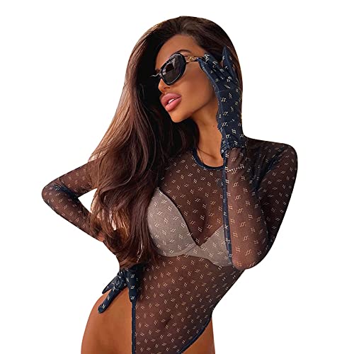 BKEPDY Damen Body Sexy Sheer Mesh Elegant Langarm Bodysuit Slim Alphabet Tops Club Party Bluse Unterziehbody Langarmbody für Frauen Tägliches Tragen (S) von BKEPDY