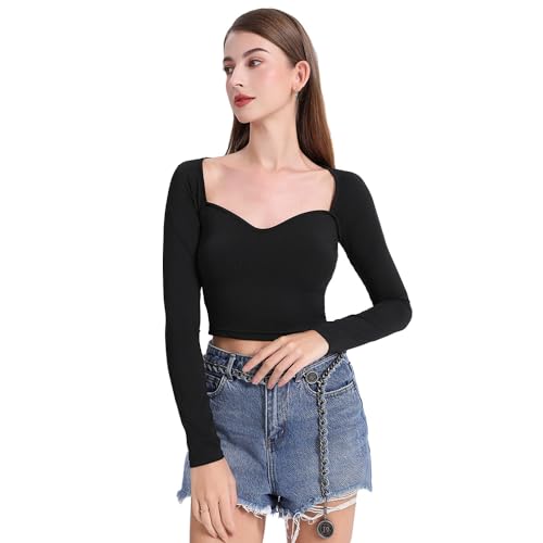 BKEPDY Damen Crop T-Shirt Bauchfrei Oberteile V Ausschnitt Langarmshirt Pullover Cropped Tops Langarm Shirt Slim Fit Langarm Crop T-Shirt von BKEPDY