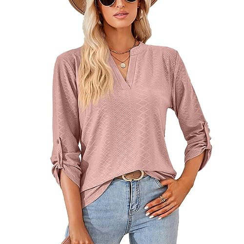 BKEPDY Damen Langarm Oberteil V Ausschnitt T-Shirt Lässig Pullover Basic Langarmshirt Lose Herbst Sweatshirt Tops(L) von BKEPDY