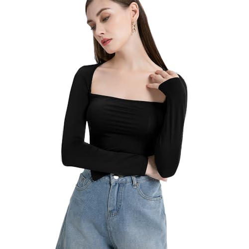 BKEPDY Damen Langarmshirt Y2K Slim Fit Oberteile Rundhals Stretch Langarm Oberteile Tshirts Casual Basic Crop Tops Bluse Damen Mädchen Streetwear von BKEPDY