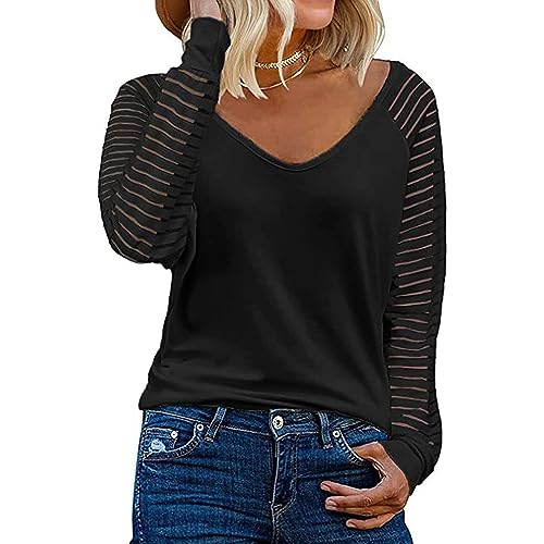 BKEPDY Damen Langarmshirts V-Ausschnitt Streifen Oberteil Basic T-Shirt Pullover Schwarz M von BKEPDY