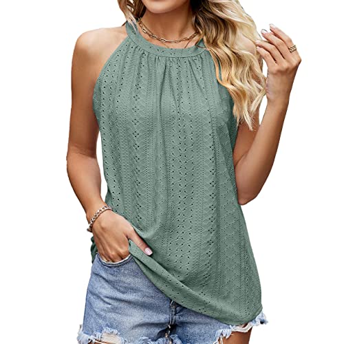 BKEPDY Damen Neckholder Sommer Spaghetti Tops Ärmellose Tank Tops Racerback Rundhals Basic Slim Fit Shirts Elegant Oberteile Ribbed Knit Cami Top Sexy (Grün L) von BKEPDY