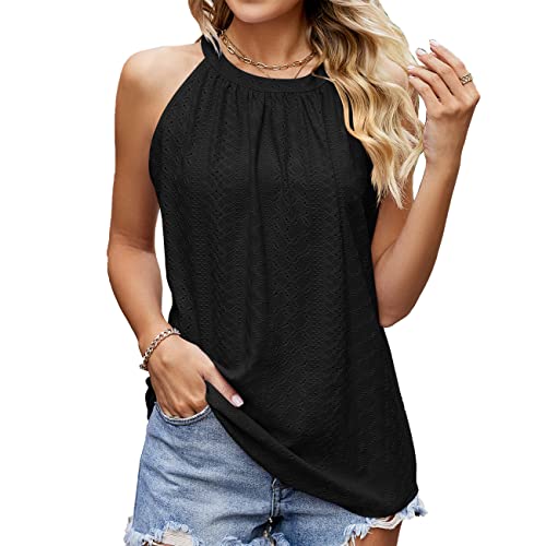 BKEPDY Damen Neckholder Sommer Spaghetti Tops Ärmellose Tank Tops Racerback Rundhals Basic Slim Fit Shirts Elegant Oberteile Ribbed Knit Cami Top Sexy (Schwarz M) von BKEPDY