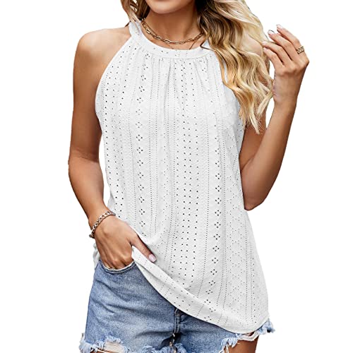 BKEPDY Damen Neckholder Sommer Spaghetti Tops Ärmellose Tank Tops Racerback Rundhals Basic Slim Fit Shirts Elegant Oberteile Ribbed Knit Cami Top Sexy (Weiß M) von BKEPDY