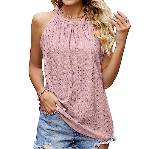 BKEPDY Damen Neckholder Sommer Spaghetti Tops Ärmellose Tank Tops Racerback Rundhals Basic Slim Fit Shirts Elegant Oberteile Ribbed Knit Cami Top Sexy (S-L, Rosa S) von BKEPDY