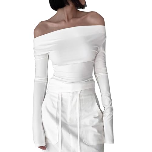 BKEPDY Damen One Off Shoulder Langarm Top Ruched Going Out Tops Slim Fit Y2K Shirt Crop Top Casual Athletisches Top Teenager Streetwear von BKEPDY