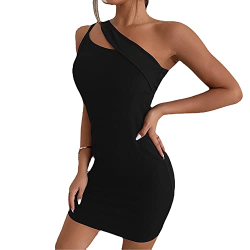 BKEPDY Damen One Shoulder Ausgehöhlter Ärmellos Minikleid Bodycon Kleid Kurz Sommerkleid Asymmetrischer Partykleid Abendkleid Elegant Freizeitkleid Cocktailkleid Schulterfrei für Party Club von BKEPDY