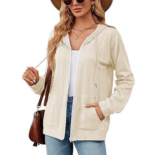 BKEPDY Damen Sweatjacke Hoodie Sweatshirtjacke Pullover Oberteile Kapuzenpullover Y2K Jacke Zip Up Hoodies Sweatshirt Basic Kapuzen Tops (Aprikose M) von BKEPDY