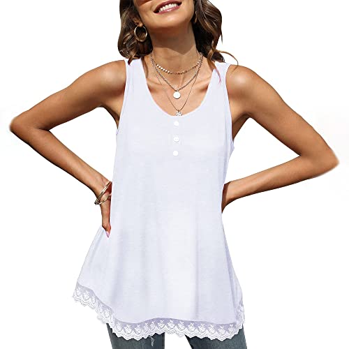 BKEPDY Damen Tank Top Sommer Ärmellose Baumwolle Blusentop Spitzen U-Ausschnitt Weste Lose Top Casual Shirt Tops Bluse Strand Camisole Oberteile (Weiß M) von BKEPDY