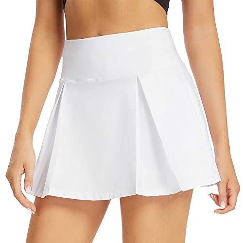 BKEPDY Damen Tennisrock Hohe Taille Tennis Skort mit Hose Faltenrock Kurz Hosenrock Tennis Golf Sport Workout Running Rock Sommerrock Minirock für Radfahren Wandern Laufen (Weiß L) von BKEPDY