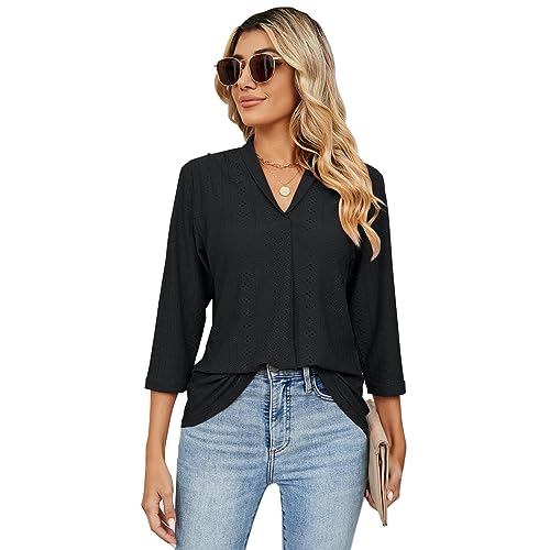 BKEPDY Damen Tshirt Langarm Bluse V Ausschnitt Casual Sommer Solide Hohle Lose Tops Tuniken für Damen Mode Tunika Tops Casual Lose Blusen (Schwarz M) von BKEPDY