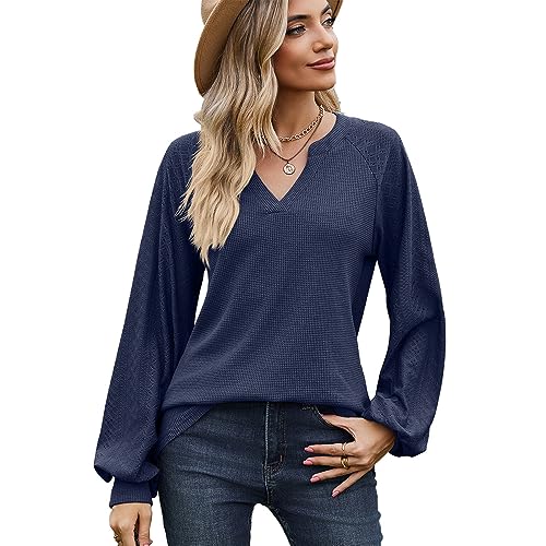 BKEPDY Damen Tshirt Langarm V Ausschnitt Oberteil Casual Waffel-Blasenhülsen Longshirt Basic Shirt Elegant Bluse Tops(L) von BKEPDY