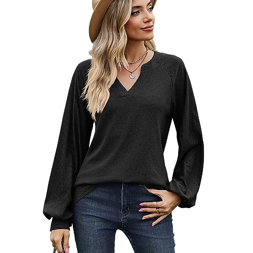 BKEPDY Damen Tshirt Langarm V Ausschnitt Oberteil Casual Waffel-Blasenhülsen Longshirt Basic Shirt Elegant Bluse Tops(L) von BKEPDY