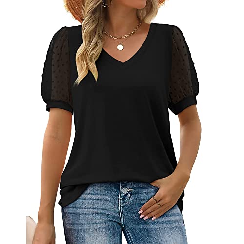 BKEPDY Damen Bluse Kurzarm Oberteile Tshirt Damen Elegant Puff-Kurzarm Tops Schweizer Punkte Chiffon Blusen Damen Sommer Bluse Tops (Schwarz L) von BKEPDY