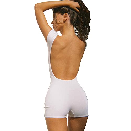 BKEPDY Damen Jumpsuit Kurz Sommer Jumpsuit Elegant Stretch Rückenfrei Romper Playsuit U-Ausschnitt Eng Anliegend Bodysuit Women (Weiß L) von BKEPDY