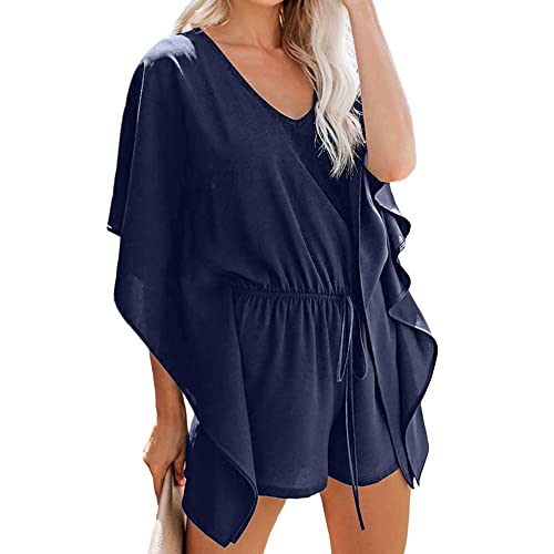 BKEPDY Jumpsuit Kurzarm Damen Elegant Einteiler Overall V-Ausschnitt Playsuit Batwing Sommer Casual Lose Jumpsuits Hohe Taille Romper mit Gürtel Party Festlich Hochzeit von BKEPDY