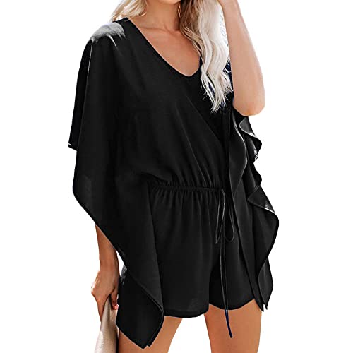 BKEPDY Damen Jumpsuit Kurzarm V-Ausschnitt Sommer Casual Playsuit Damen Elegant Flatterärmel Weites Bein Batwing Romper Einfarbiges Hosenanzug von BKEPDY