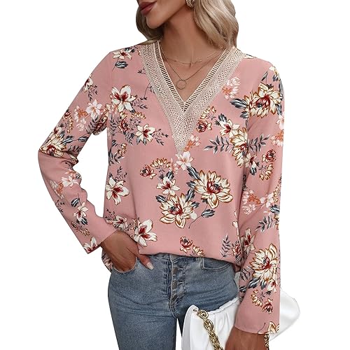 BKEPDY Langarmshirt Damen Bluse Elegant Sexy V Ausschnitt Blumen Pullover Oberteil Tshirts Basic Casual Langarmshirts Tops(M) von BKEPDY