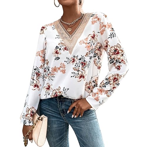 BKEPDY Langarmshirt Damen Bluse Elegant Sexy V Ausschnitt Blumen Pullover Oberteil Tshirts Basic Casual Langarmshirts Tops(XL) von BKEPDY