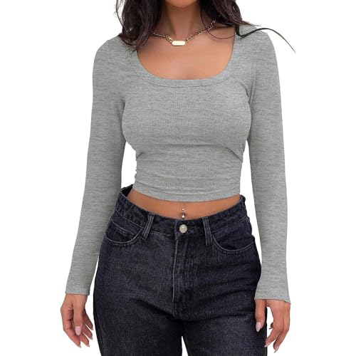 BKEPDY Langarmshirt Damen Slim Fit Oberteile Langärmliges Crop Top Für Damen Langen Ärmeln Hauteng Tops Basic Elegantes Bluse Longsleeve Damen Tshirt(Grau L) von BKEPDY