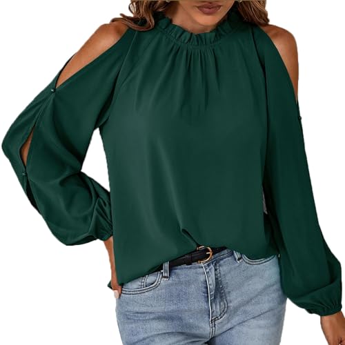BKEPDY Langarmshirts für Damen Lose Damen Bluse Chiffon Plissee Laternenärmel Langarm Elegant Oberteile Locker Lose Einfarbig Tunika Rundhalls Tops von BKEPDY