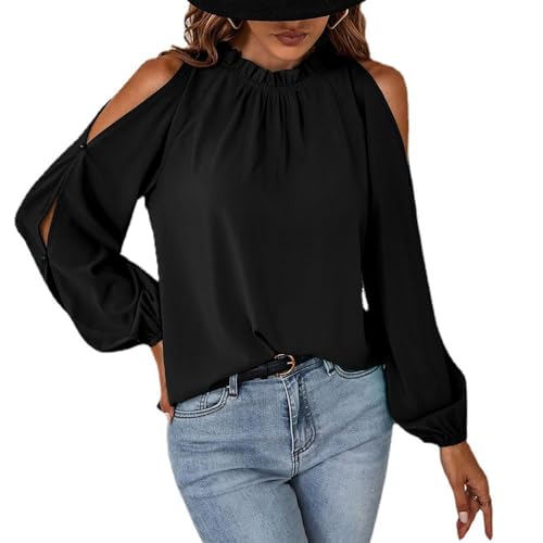 BKEPDY Langarmshirts für Damen Lose Damen Bluse Chiffon Plissee Laternenärmel Langarm Elegant Oberteile Locker Lose Einfarbig Tunika Rundhalls Tops von BKEPDY