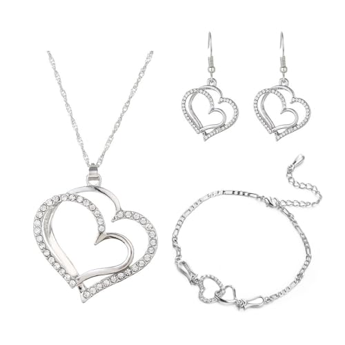 BKEPDY Liebe Schmuckset Doppelherz Halskette Ohrringe und Herz Armband Schmuck Set Herzohrringe Schmuck Set Modeschmuck Weihnachtsgenchenke Geburtstag Geschenk von BKEPDY