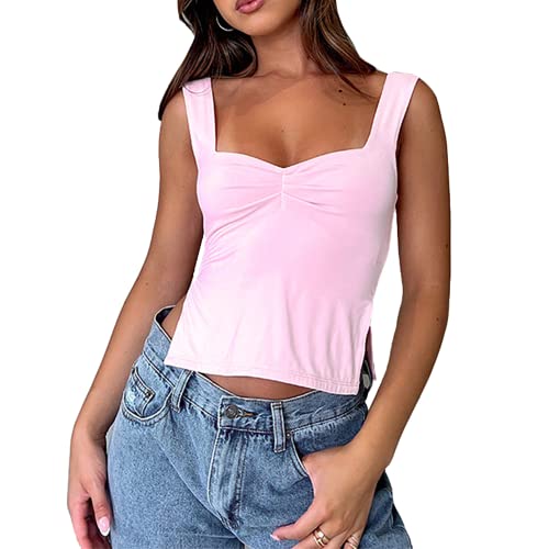 BKEPDY Oberteil Damen Sexy Camisole Tank Top Plissiertes Damen Oberteile Rücken Skelett Rückenfreies Basic Sommer Ärmellose Blusentop Beide Seiten Öffnungen Weste für Frauen (Rosa M) von BKEPDY