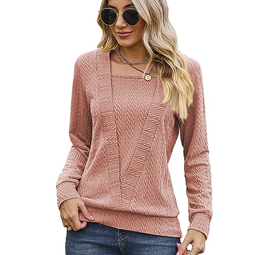 BKEPDY Oberteile Damen Langarm U-Ausschnitt Shirt Herbst Elegante Bluse Tops Pullover Lose T-Shirt Casual Tunika Tops(L) von BKEPDY