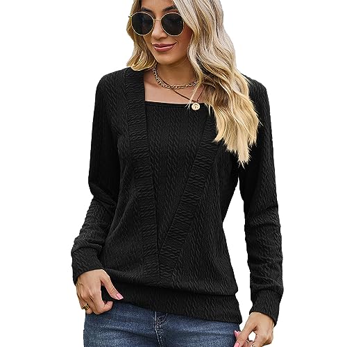 BKEPDY Oberteile Damen Langarm U-Ausschnitt Shirt Herbst Elegante Bluse Tops Pullover Lose T-Shirt Casual Tunika Tops(L) von BKEPDY