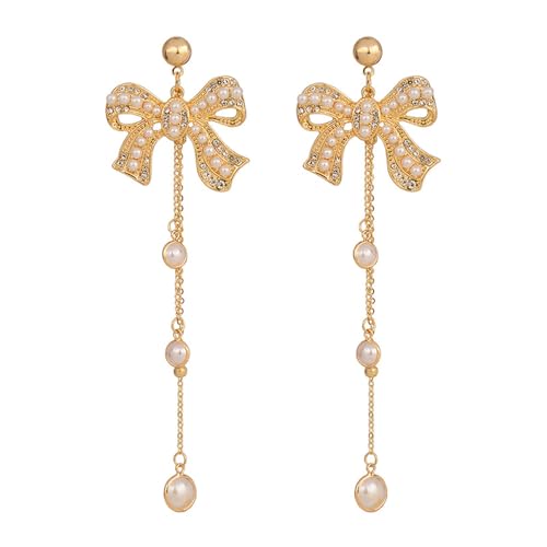 BKEPDY Ohrringe Legierungen Zarte Fließende Groß Schleife mit Diamanten und Perle Hypoallergen Ohrstecker Hochzeiten Geburtstag Jahrestag Geschenk für Frauen Mädchen von BKEPDY