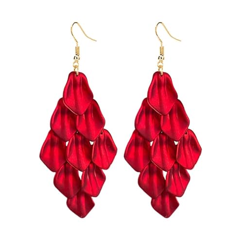 BKEPDY Acryl Ohrringe Blume Quaste Tropfen Baumeln Mehrstufige Blütenblatt Lange Boho Statement Hochzeit Brautjungfer Geschenke Zubehör Schmuck (Rot) von BKEPDY