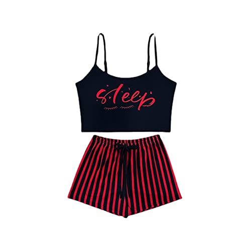 BKEPDY Pyjama Set Damen Träger Top mit Shorts Schlafanzug Zweiteiler Nachtwäsche Gestreift Schlaf Motiv Bequem Nachthemd Spaghettiträger Sommer Nachtkleidung von BKEPDY