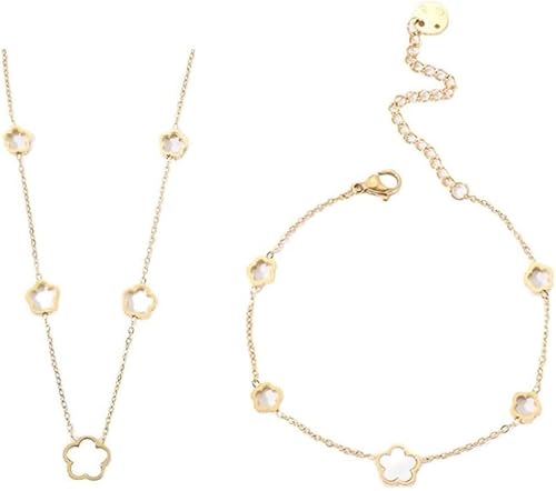 BKEPDY Blumen Schmuckset Perlmutt Halskette Armband Kombination Damen Schmuck Elegant Zart Kette Accessoires von BKEPDY