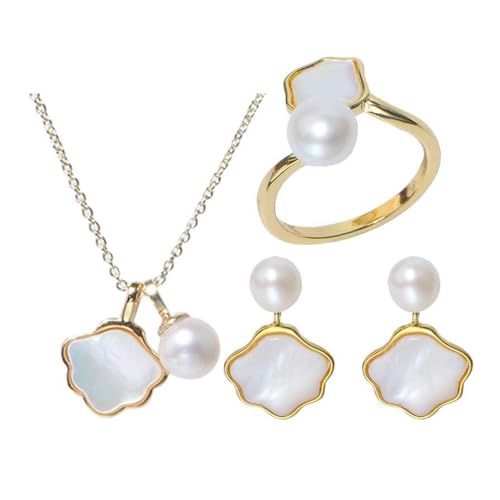 BKEPDY Schmuckset Damen Lotus Halskette Ohrringe und Ring Perle Schmuck Set Lotusperlenschmuck Modeschmuck Weihnachtsgenchenke Geburtstag Geschenk von BKEPDY