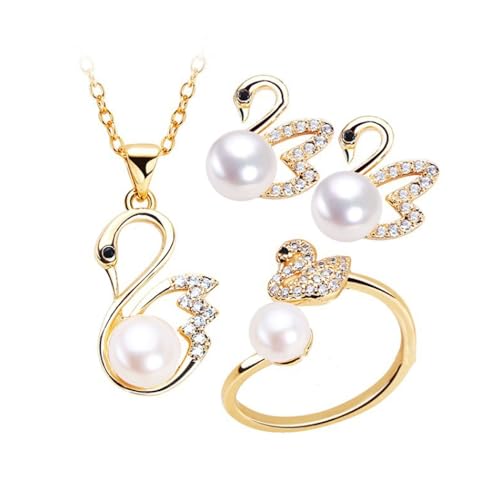 BKEPDY Schmuckset Damen Schwan Kette Armband Ring Halskette 3 Stück Imitationsperlen Zubehör für Freundin Mutter Tochter Geschenk von BKEPDY