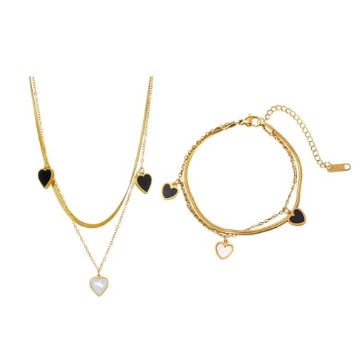BKEPDY Herz Anhänger Schmuckset Mehrschichtige Kette Armband Damen Schmuck Elegant Mehrreihig Halskette Armkette Herzform Charme von BKEPDY