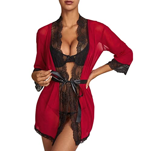 BKEPDY Sexy Bademäntel für Damen Spitzen Robe Nachthemd Damen Nachtkleid Kurz 3/4 Ärmeln Sleeepshirt Masche Sleepwear Kurz Nachtwäsche Pyjama Frauen mit Gürtel (Wine Red L) von BKEPDY