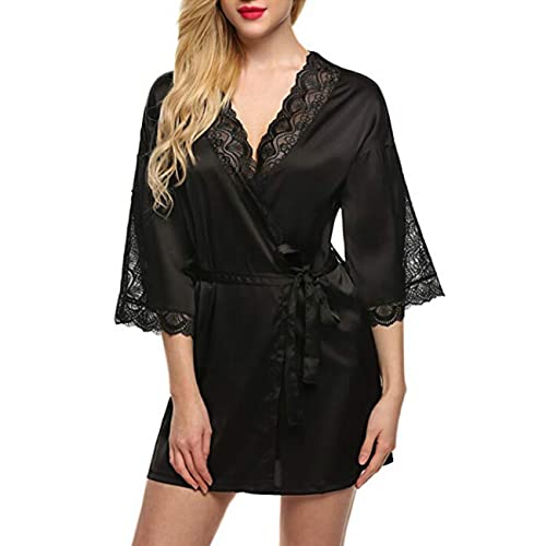 BKEPDY Sexy Bademäntel für Damen Spitzen Robe Nachthemd Damen Nachtkleid Kurz 3/4 Ärmeln Sleeepshirt mit Schräger V-Ausschnitt Sleepwear Negligee Nachtwäsche mit Thong M-XL (Black L) von BKEPDY