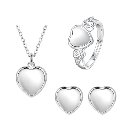 BKEPDY Silber Schmuckset für Damen, 3PCS Herz Schmuckset, Liebe Halskette Ohrstecker Ringe Set, Hochzeitstag Geschenke für Frauen und Mädchen von BKEPDY