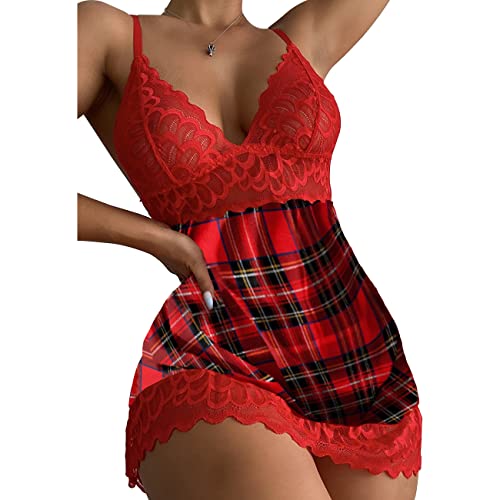 BKEPDY Spitze Negligee V-Ausschnitt Babydoll Lingerie Öffnen Zurück Nachtwäsche Kleid Dessous Unterwäsche für Damen mit Tanga Sleepwear mit Leopardenmuster Pyjamas (Rot XXL) von BKEPDY