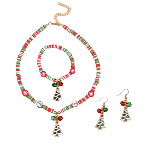 BKEPDY Weihnachtsschmuck Damen Set mit Weihnachtsmann Weihnachtsbaum Anhänger Halskette Ohrringe und Weihnachtsarmbänder（Farbe-2） von BKEPDY