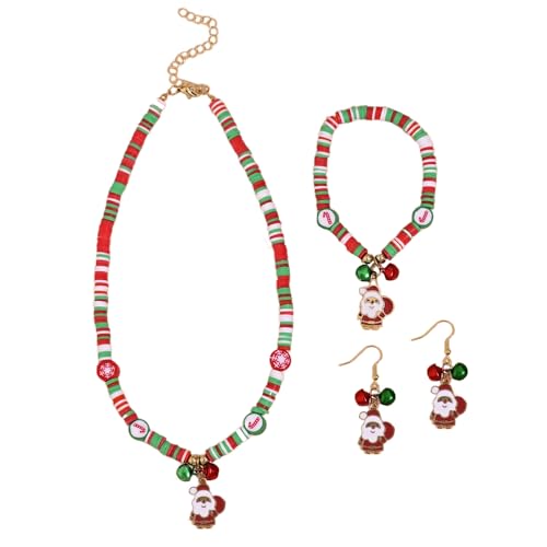 BKEPDY Weihnachtsschmuck Damen Set mit Weihnachtsmann Weihnachtsbaum Anhänger Halskette Ohrringe und Weihnachtsarmbänder（Farbe-1） von BKEPDY