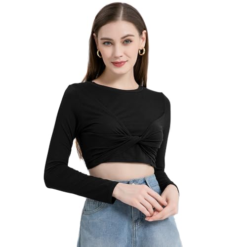 BKEPDY Y2K Crop Top Oberteile Damen Basic Langarmshirt Slim Fit Teenager Mädchen Langärmlich Rundhals T-Shirt Streetwear Sexy Bluse (Schwarz S) von BKEPDY