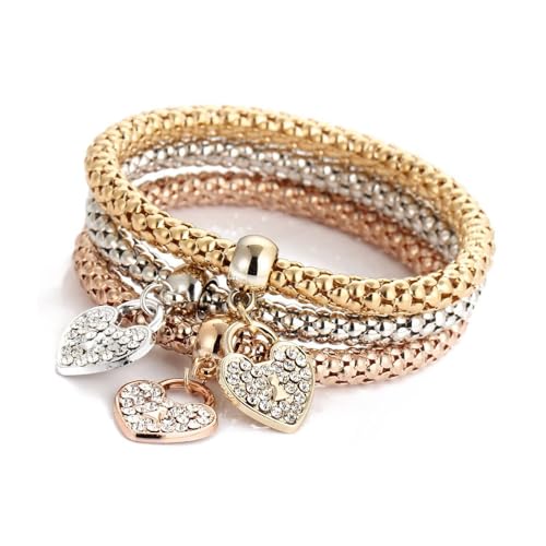 Damen Armband Set Eleganter Freundschaftsschmuck Armbänder Set Stretch-Partner Armbänder aus Legierung im Dreifarbenset mit Diamant-Herz-Charm Damen Schmuck von BKEPDY