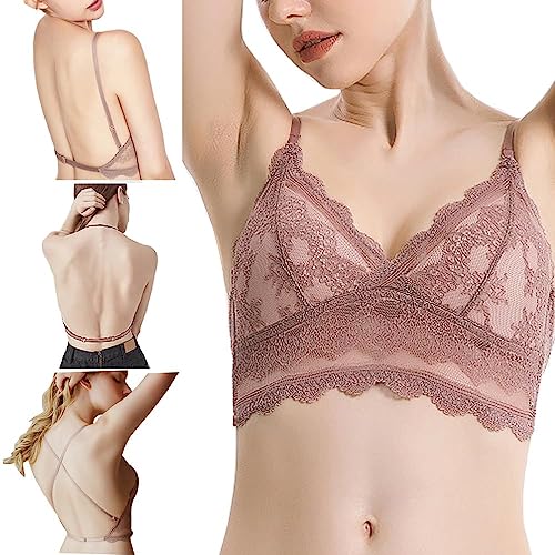 Damen BH Rückenfrei Push Up V Hals Spitzen Unsichtbarer Bralette Gepolstert Unterwäsch mit Wandelbaren Trägern für Tiefen Rückenausschnitt von BKEPDY