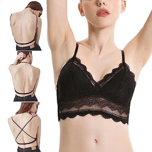 Damen BH Rückenfrei Push Up V Hals Spitzen Unsichtbarer Bralette Gepolstert Unterwäsch mit Wandelbaren Trägern für Tiefen Rückenausschnitt von BKEPDY