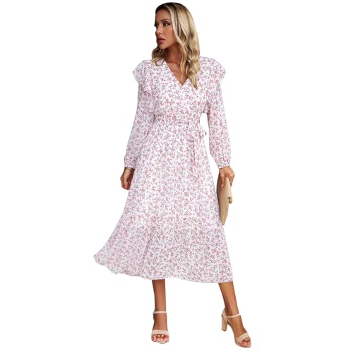 Damen Langarm Kleid Maxikleider V-Ausschnitt Wickelkleid Boho Blumenkleid Freizeitkleid Blumenmuster Elegant Loose Swing Tunika Kleid Strandkleid mit Gürtel für Herbst Winter von BKEPDY